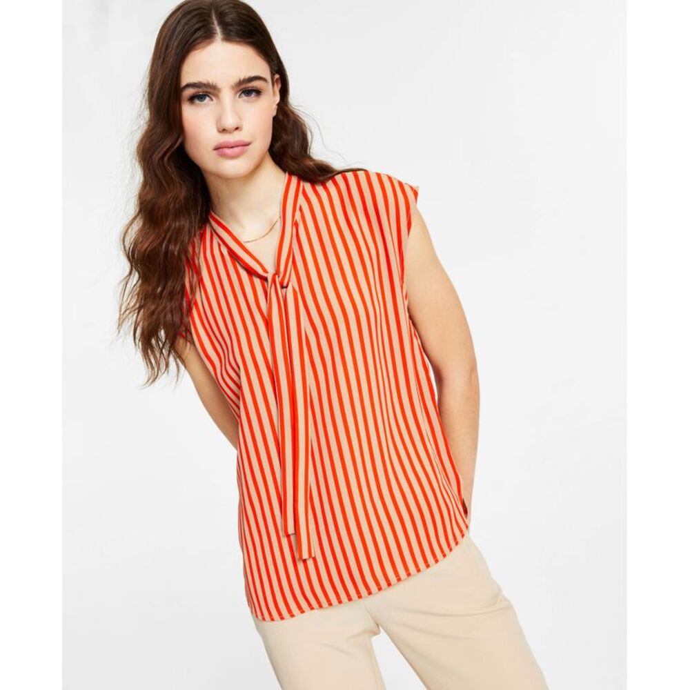 Bar III Striped Tie-Neck Top
